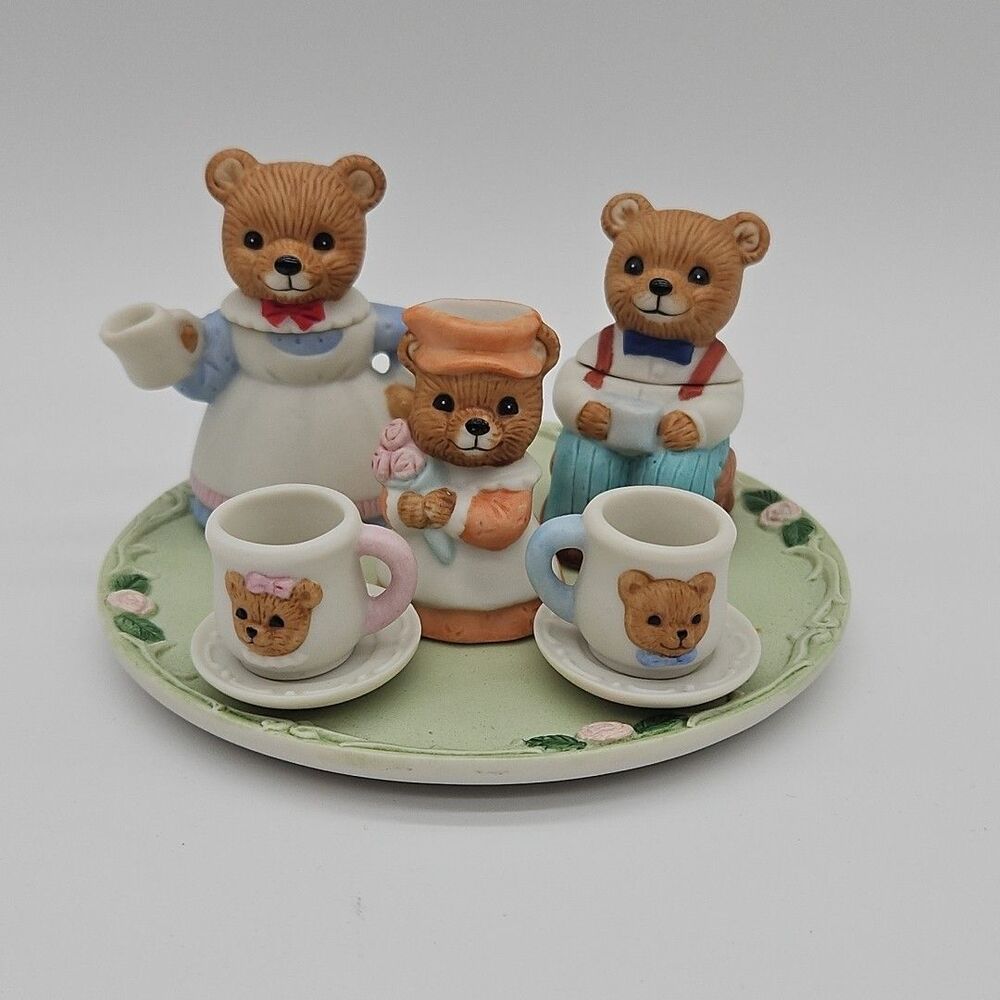 HOMCO Bear Tea Set With Tray #1427 10pc Tea Time Bears Minature Sugar Creamer